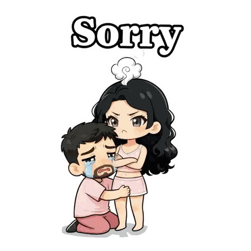 A Cartoon Illustration Of A Man Kneeling Down Next To A Woman Who Is Angry And Says Sorry GIF