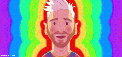 A Cartoon Illustration Of A Man With A Rainbow Background And The Hashtag #Danleydom GIF