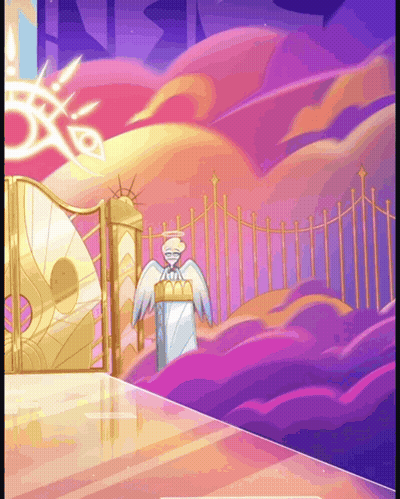 A Cartoon Illustration Of A Man With Wings Standing In Front Of A Gate GIF