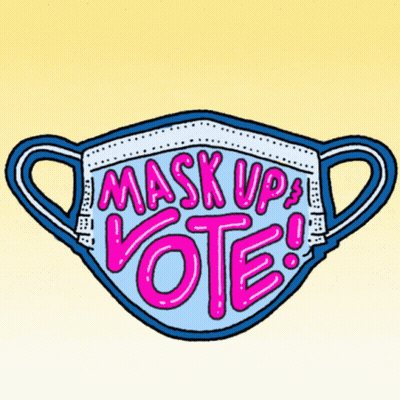 A Cartoon Illustration Of A Mask With The Words `` Mask Up Vote '' Written On It . GIF