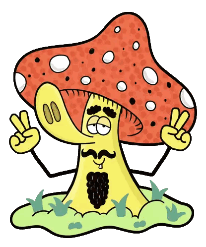 A Cartoon Illustration Of A Mushroom With A Mustache Giving The Peace Sign Sticker