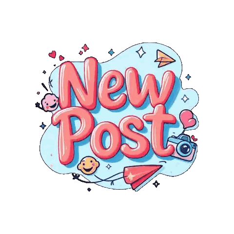 A Cartoon Illustration Of A New Post With A Camera And Balloons Sticker