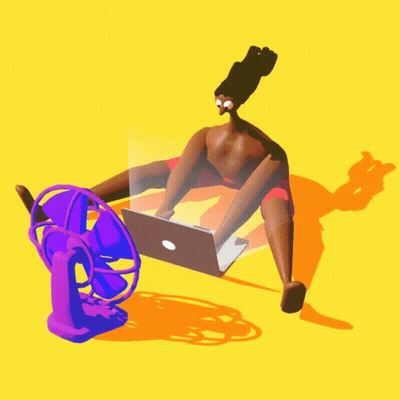 A Cartoon Illustration Of A Person Using A Laptop Next To A Purple Fan GIF