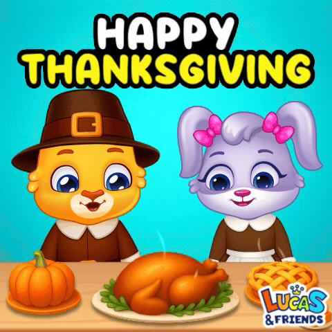 A Cartoon Illustration Of A Pilgrim And A Bunny Wishing Happy Thanksgiving GIF