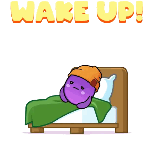 A Cartoon Illustration Of A Purple Monster Laying In Bed With The Words Wake Up Above Him Sticker