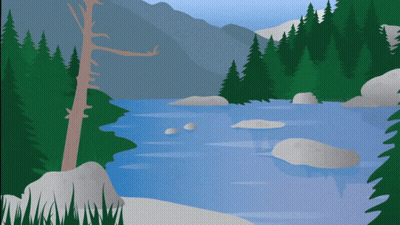 A Cartoon Illustration Of A River Surrounded By Trees GIF