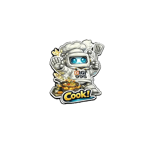 A Cartoon Illustration Of A Robot Wearing A Chef 'S Hat Holding A Spatula And A Pot Of Food . Sticker