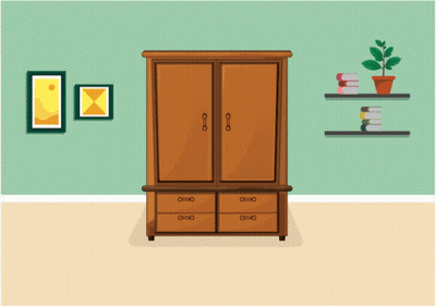 A Cartoon Illustration Of A Room With A Wardrobe And Shelves Of Books GIF