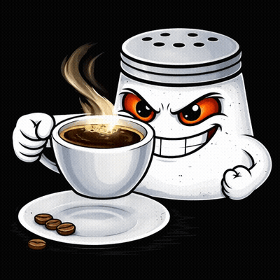 A Cartoon Illustration Of A Salt Shaker Holding A Cup Of Coffee Next To A Plate Of Coffee Beans GIF