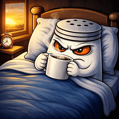 A Cartoon Illustration Of A Salt Shaker In Bed Holding A Cup Of Coffee GIF