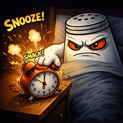 A Cartoon Illustration Of A Salt Shaker Smashing An Alarm Clock That Says Snooze GIF
