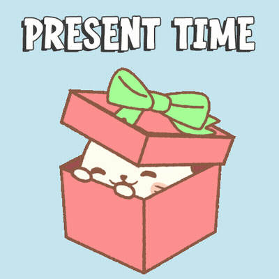 A Cartoon Illustration Of A Seal In A Gift Box With The Words Present Time Above It GIF