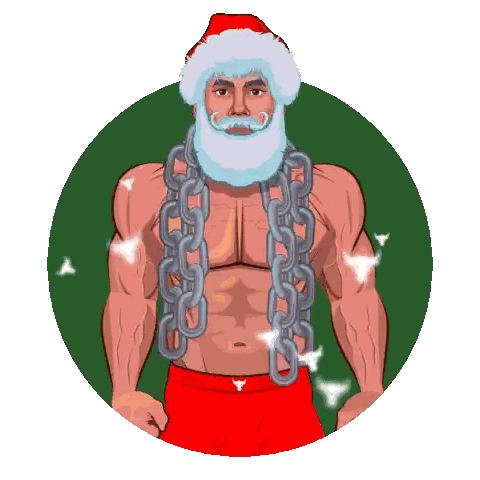 A Cartoon Illustration Of A Shirtless Man Dressed As Santa Claus With Chains Around His Neck Sticker