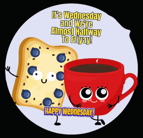 A Cartoon Illustration Of A Slice Of Toast With Blueberries And A Cup Of Coffee Says It 'S Wednesday GIF