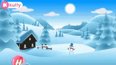 A Cartoon Illustration Of A Snowy Landscape With A House And A Snowman In The Foreground GIF