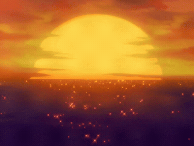 A Cartoon Illustration Of A Sunset Over The Ocean With Stars Flying In The Sky . GIF