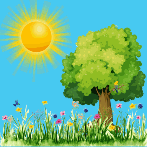A Cartoon Illustration Of A Tree With Flowers And A Sun That Says Good Morning GIF
