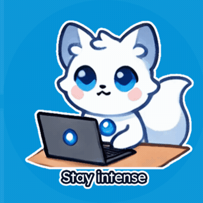 A Cartoon Illustration Of A White Cat Using A Laptop With The Words Stay Intense Below It GIF