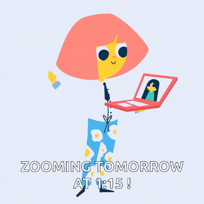 A Cartoon Illustration Of A Woman Holding A Laptop With The Words Zooming Tomorrow At 1:15 GIF