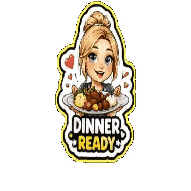 A Cartoon Illustration Of A Woman Holding A Plate Of Food With The Words Dinner Ready Below Her Sticker