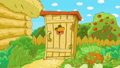 A Cartoon Illustration Of A Wooden Outhouse GIF