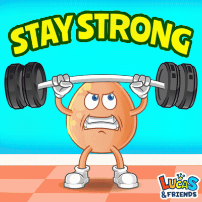 A Cartoon Illustration Of An Egg Lifting A Barbell With The Words " Stay Strong " Written Above It GIF