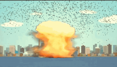 A Cartoon Illustration Of An Explosion With Birds Flying Around It GIF