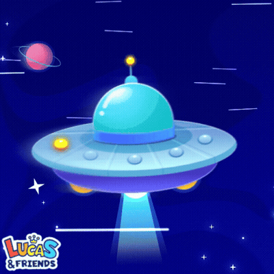 A Cartoon Illustration Of An Ufo With The Words Lucas & Friends On The Bottom GIF