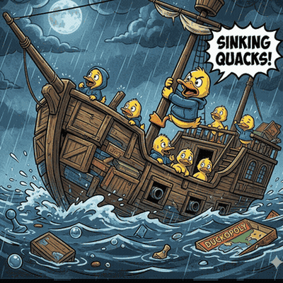 a cartoon illustration of ducks on a boat with the words sinking quacks above it