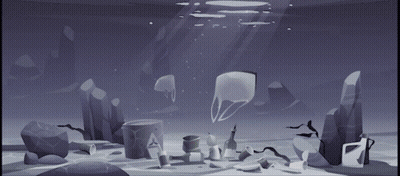 A Cartoon Illustration Of Garbage In The Ocean Including A Plastic Bag GIF