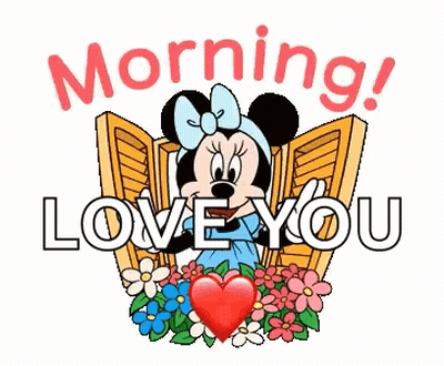 A Cartoon Illustration Of Minnie Mouse With Flowers And A Heart And The Words `` Morning ! Love You '' . GIF