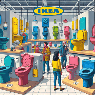A Cartoon Illustration Of People Shopping For Toilets At Ikea GIF