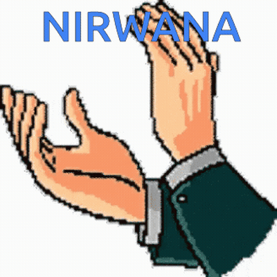 A Cartoon Illustration Of Two Hands Clapping With The Word Nirvana In Blue GIF