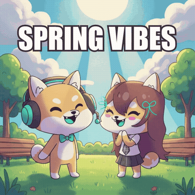 A Cartoon Illustration Of Two Shiba Inu Dogs Wearing Headphones And The Words Spring Vibes GIF