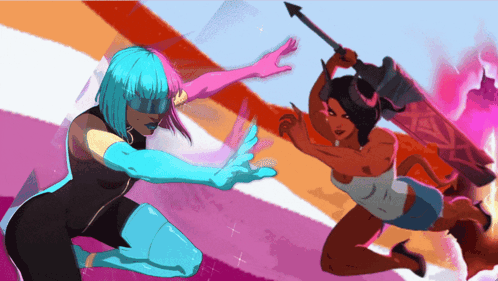 A Cartoon Illustration Of Two Women Fighting With A Sword GIF