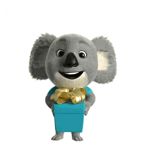A Cartoon Koala Bear Is Holding A Blue Gift Box With A Gold Bow Sticker