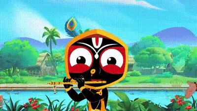 A Cartoon Krishna Is Playing A Flute In A Garden . GIF
