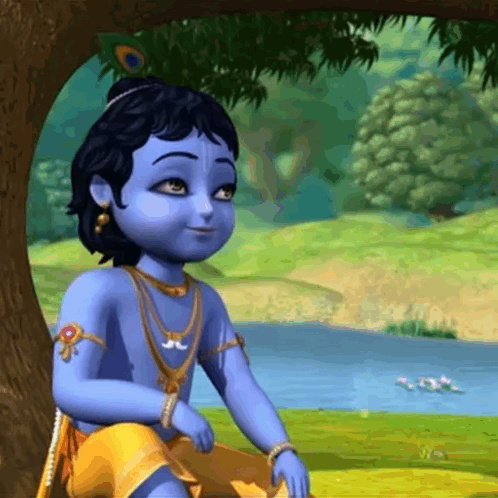 A Cartoon Krishna Is Sitting Under A Tree Near A River GIF