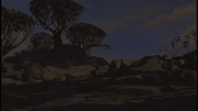 A Cartoon Landscape With Trees And Rocks In The Background GIF