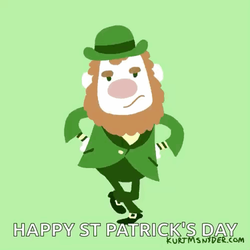 A Cartoon Leprechaun Dancing With The Words Happy St Patrick 'S Day Written Below Him GIF