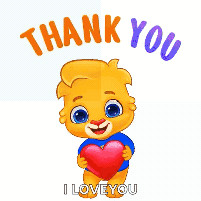 A Cartoon Lion Is Holding A Heart And Saying `` Thank You '' . GIF