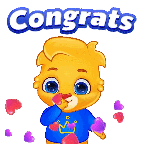 A Cartoon Lion Is Holding Hearts And The Words Congrats Are Behind Him Sticker