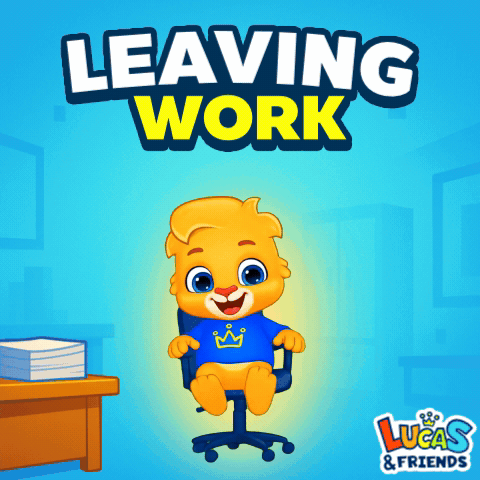 A Cartoon Lion Is Sitting In A Chair With The Words Leaving Work Written Above Him GIF