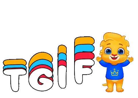 A Cartoon Lion Wearing A Blue Shirt With A Crown On It Stands In Front Of The Word Tgif Sticker