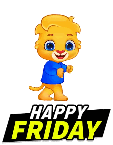 A Cartoon Lion Wearing A Blue Shirt With The Words Happy Friday Below It Sticker