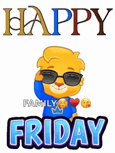 A Cartoon Lion Wearing Sunglasses And A Blue Shirt Says Happy Friday GIF