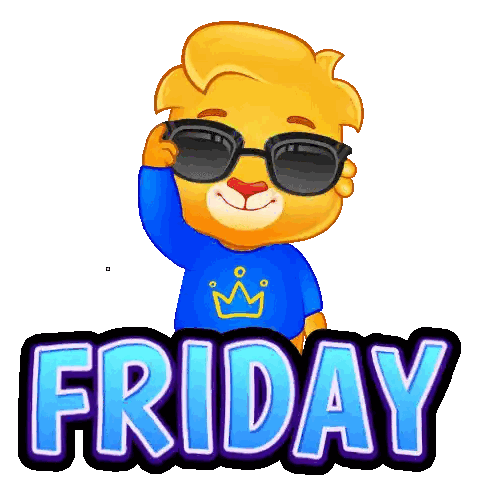 A Cartoon Lion Wearing Sunglasses And A Blue Shirt With A Crown On It Says Friday Sticker