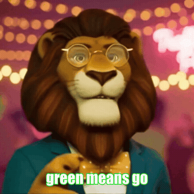 A Cartoon Lion With Glasses And A Bow Tie Says Green Means Go GIF