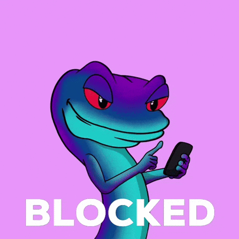 A Cartoon Lizard Is Holding A Cell Phone And Giving A Thumbs Up With The Word Blocked Below It GIF
