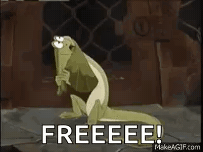 A Cartoon Lizard Is Standing In Front Of A Fence With The Words `` Freeeee '' Written On It . GIF
